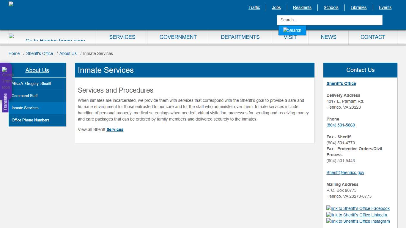 Inmate Services » Henrico County, Virginia